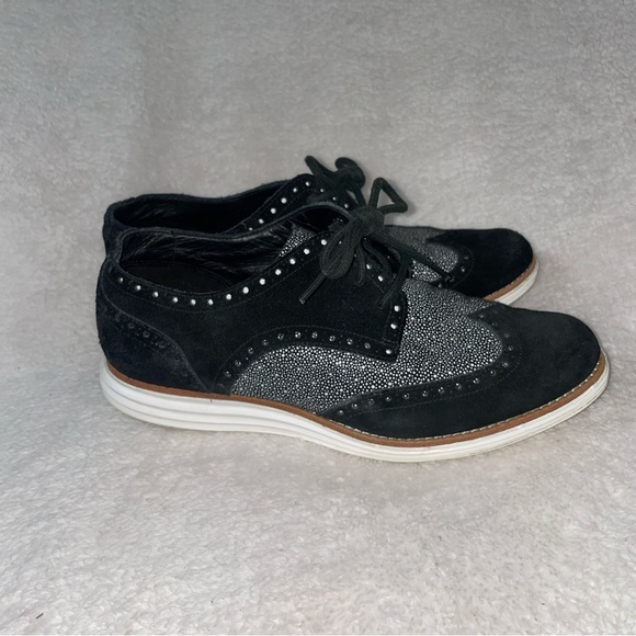 Cole Haan Lunargrand Oxford Suede Black White Wingtip Women's US 7.5B - Picture 6 of 9